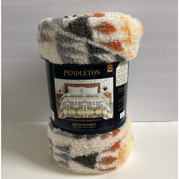 Pendleton Blanket Sherpa Fleece Reversible Soft Arrow Point Gray 98x92 Queen - Picture 1 of 11